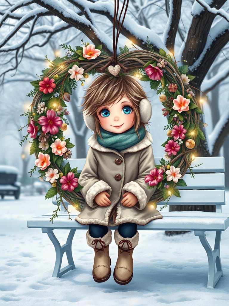 Serene Winter Wonderland with Whimsical Girl in Heart-Shaped...