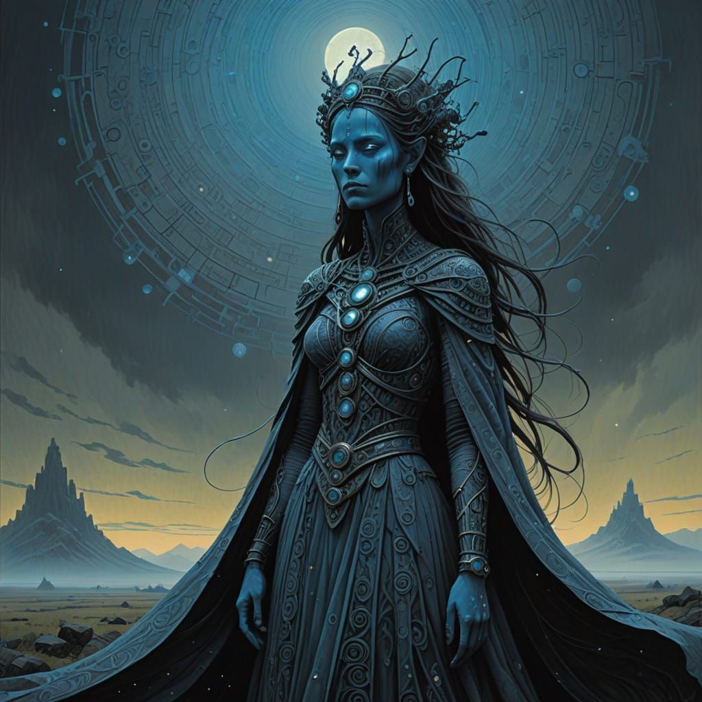 Majestic Blue Goddess in Mystical, Dark Art Style