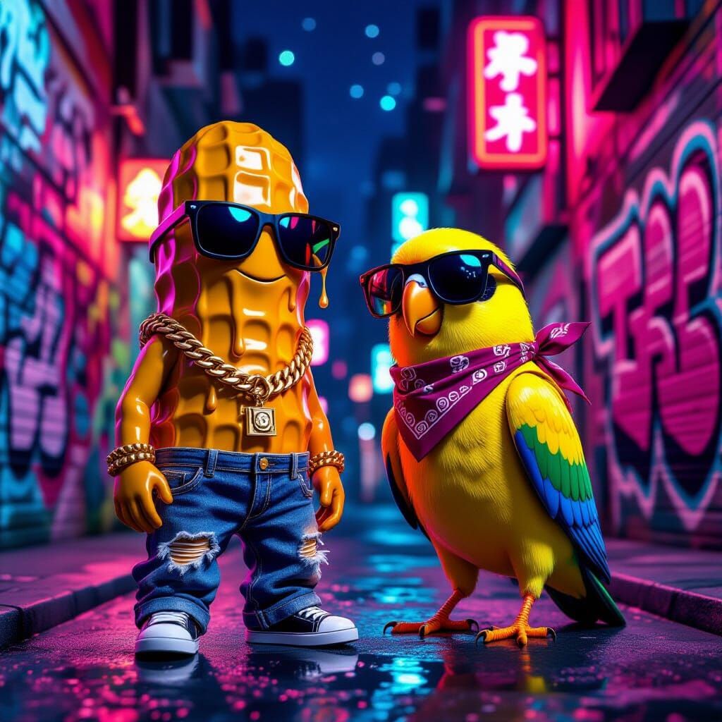 Drippy Peanut & Swag Parakeet in Graffiti Alley