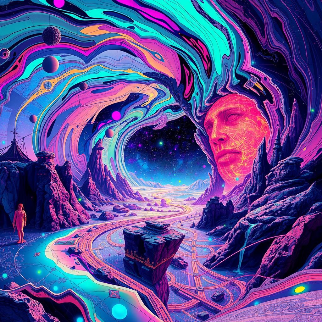 Galactic Spirit Realm in Synthwave Cubism Style