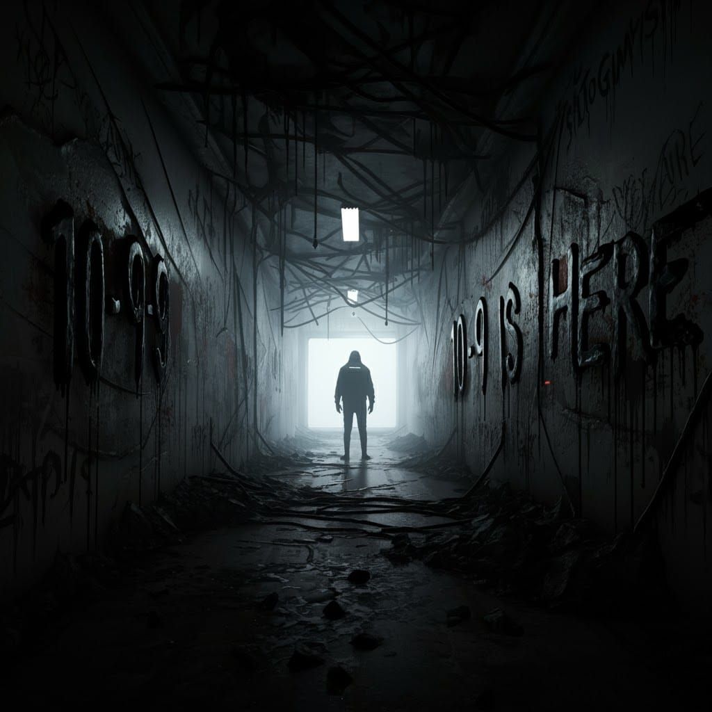 Ominous Figure in Graffiti-Lined Dystopian Hallway