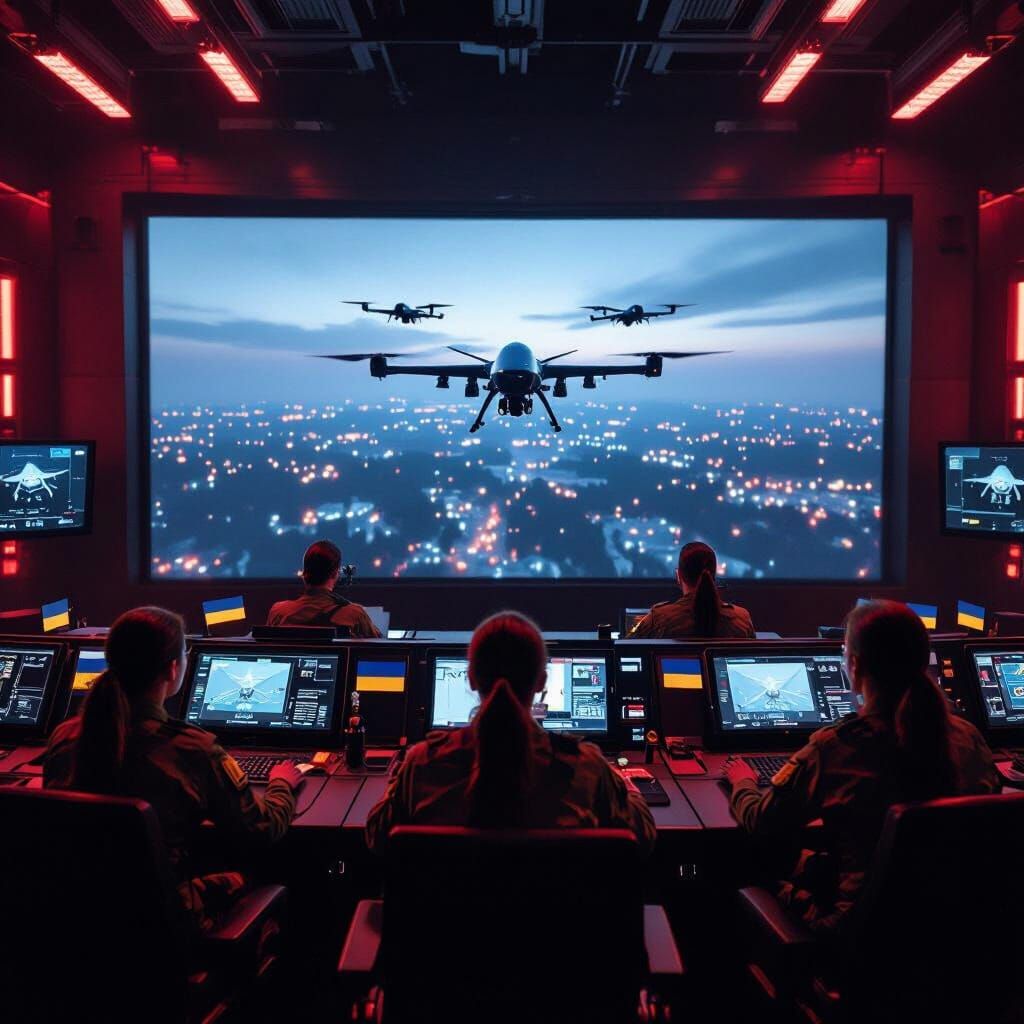 Ukrainian Soldiers Operate Drones in Red-Lit Control Room