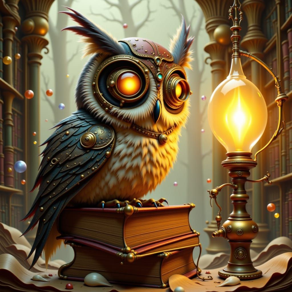 Steampunk Owl Perched on Books, Whimsical Illustration
