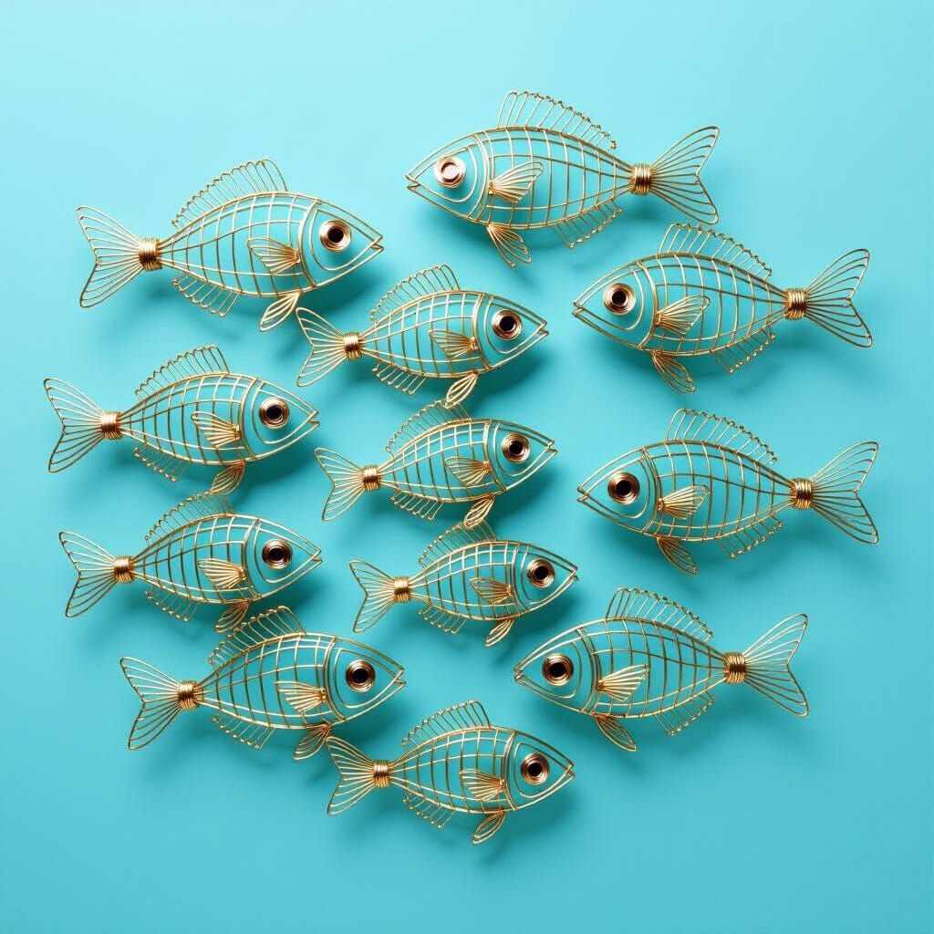 Golden Wire Sculpture of a Fish School