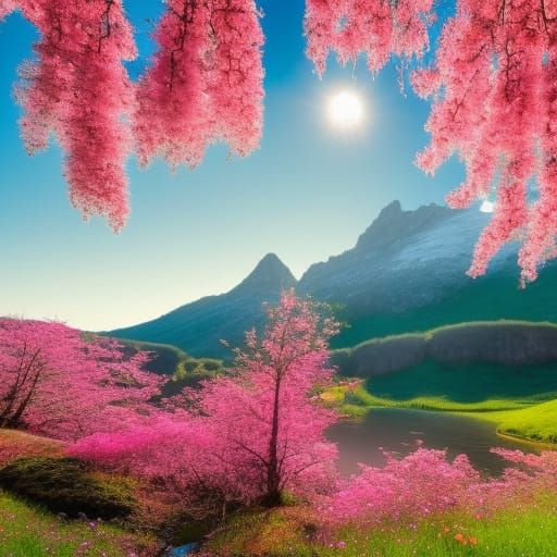 Oriental Cherry Blossom Meadow at Sunset in Gothic Style