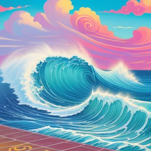 Waves Crash Over Promenade in Gouache Wonderland