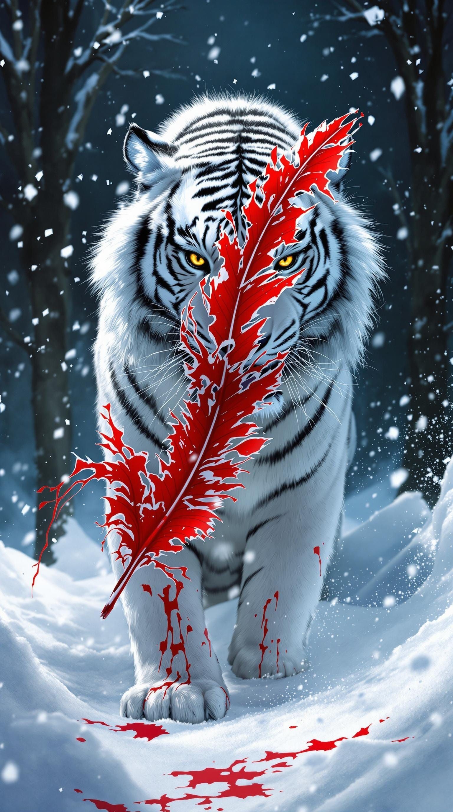 Majestic White Tiger in Winter Snow, Red Feather and Torn Fl...