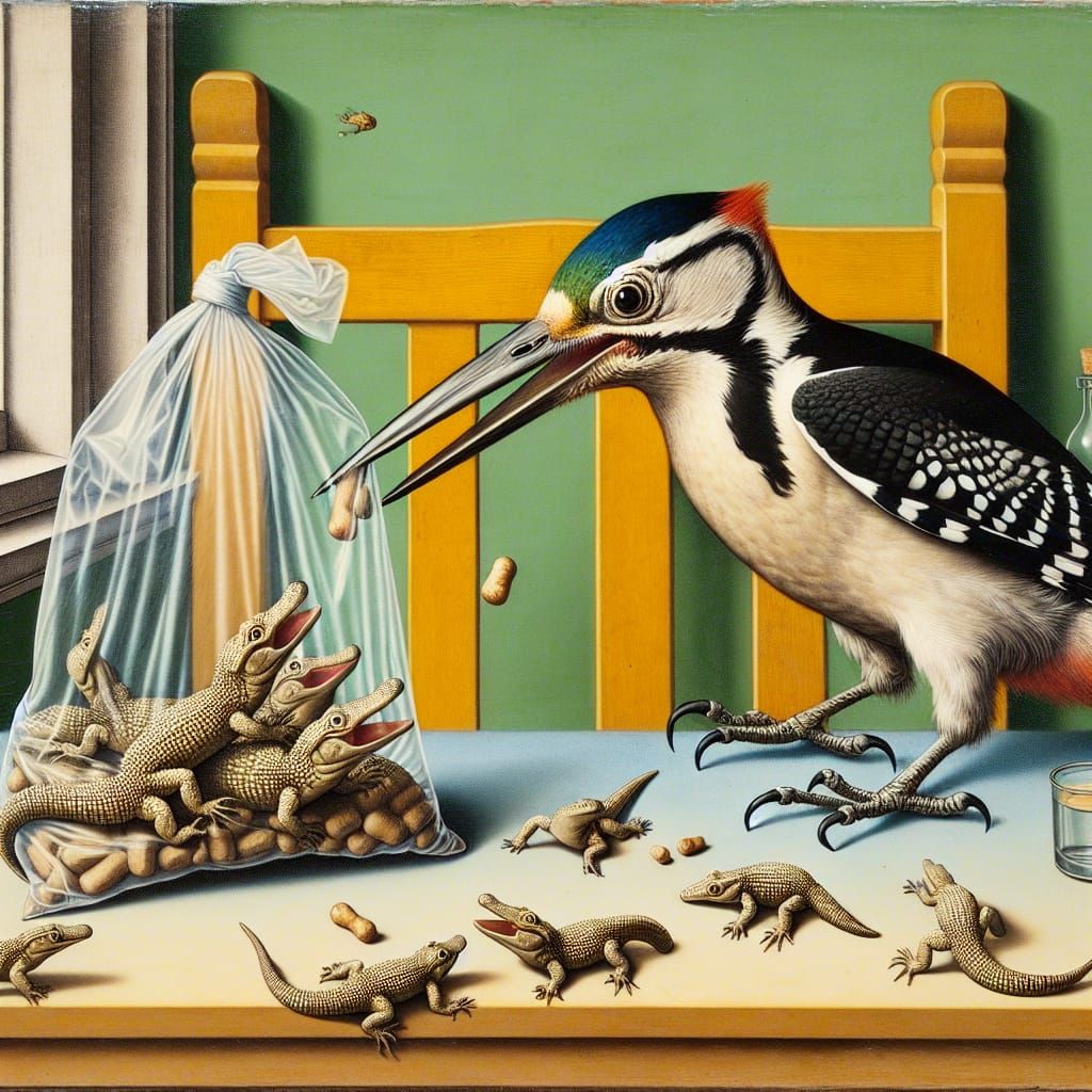 Woodpecker and Crocodiles in Surreal Dürer Style