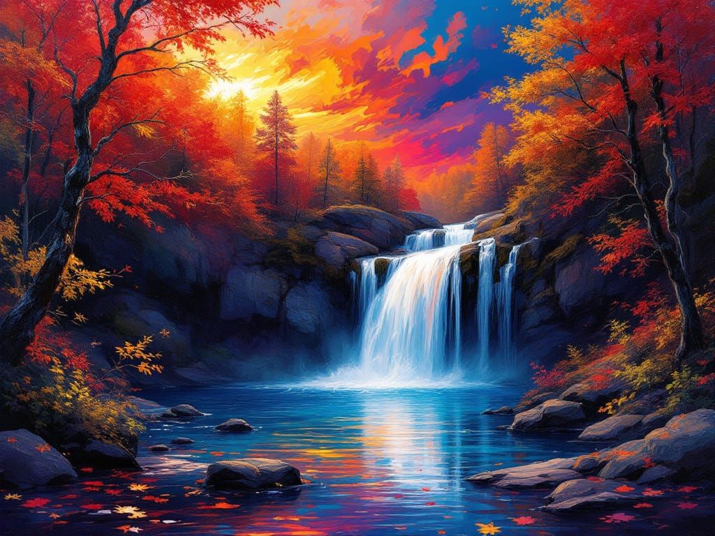 Fauvist Waterfall Painting in Fiery Sunset Hues