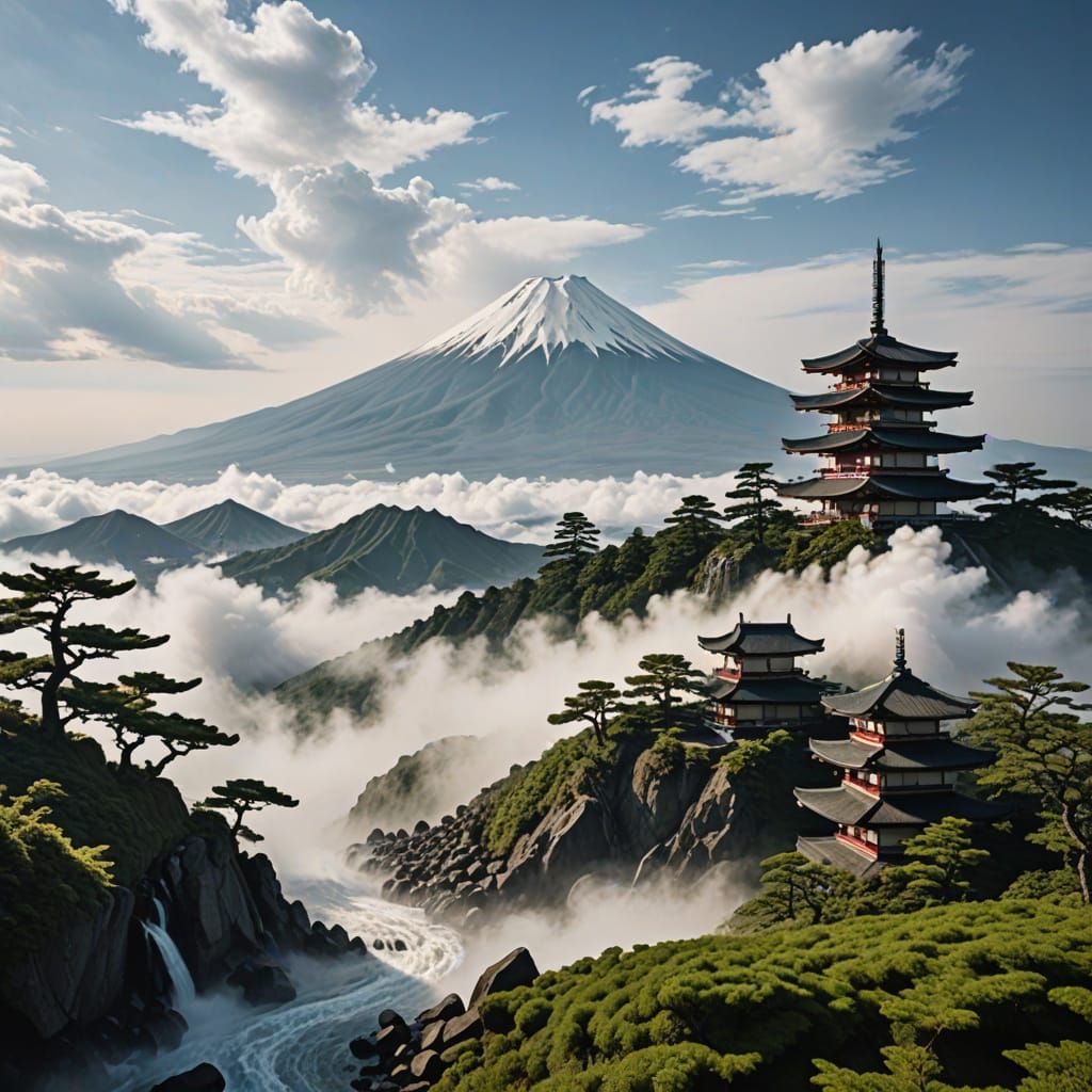 Landscape fuji san dragon mist