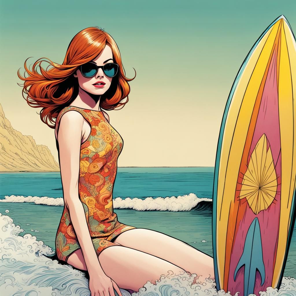 Emma Stone in 1960s Beach Movie Comic Art