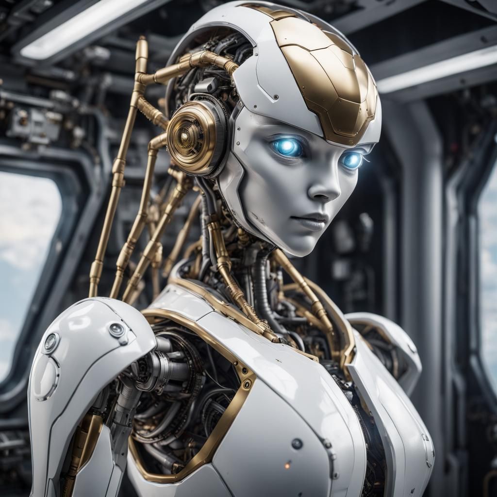 Gritty Sci-Fi Fembot in Spaceship Interior