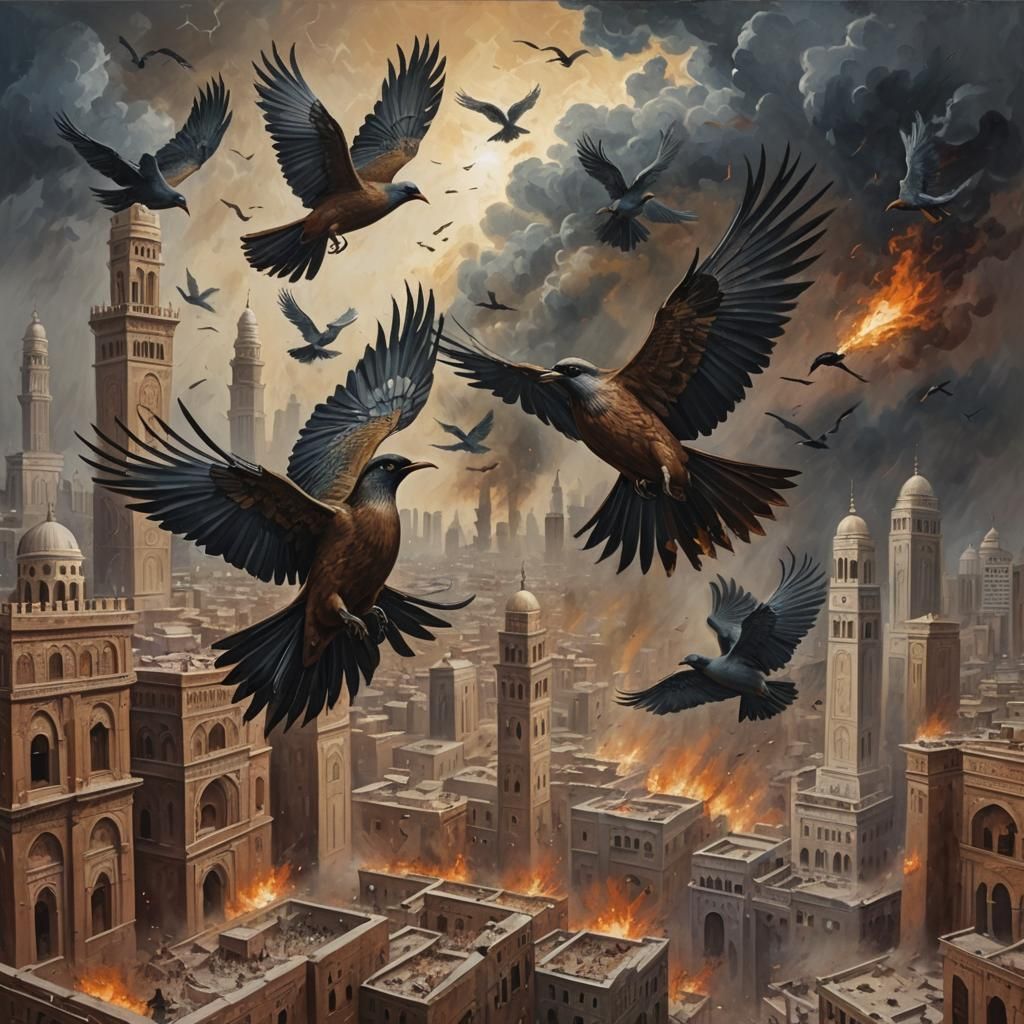 Birds Defending Mecca in Gouache Style