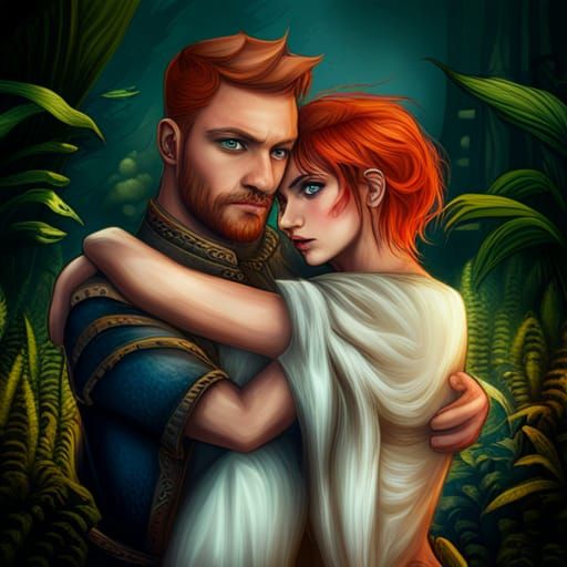 Gothic Woman Hugging Viking Husband: Fantasy Art