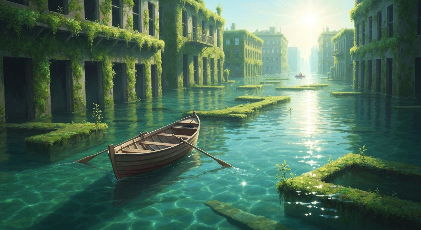 Serene Rowboat Drifts Through Sunken City Streets Oil Painti...