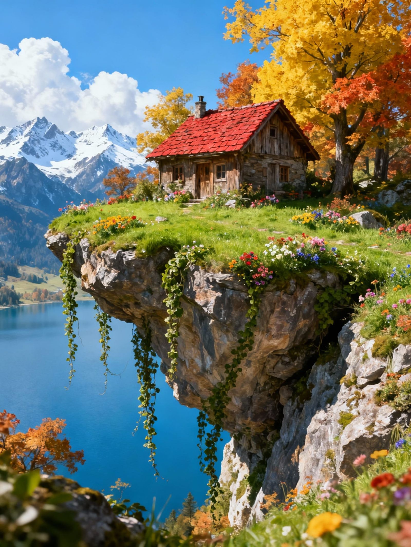 Fantastical Floating Island Cottage in Autumn Light