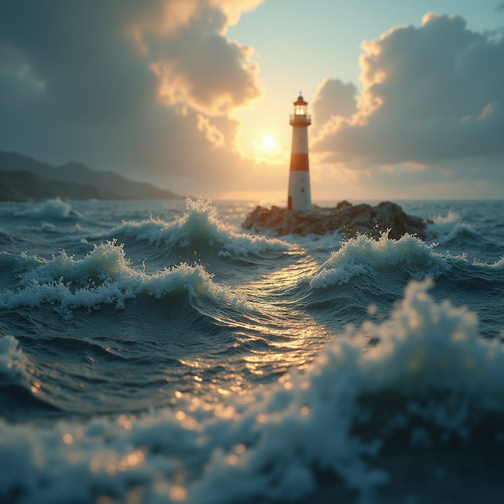 Paper Lighthouse Against Manuscript Sea