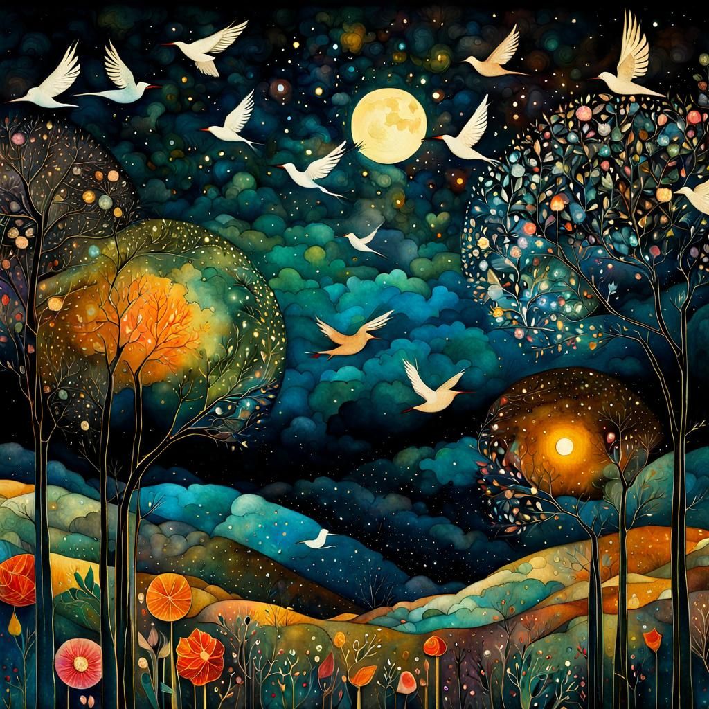 Dreamy Birds in Night Sky Watercolor Art
