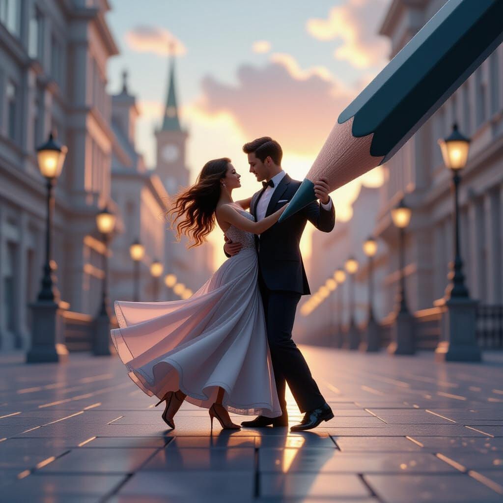Couple Dancing on Pencil Tip in Fantasy Art Style