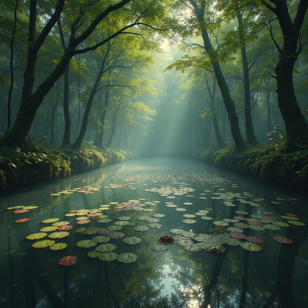 Serene Pond in Ancient Forest Clearing, Hyperrealistic Style