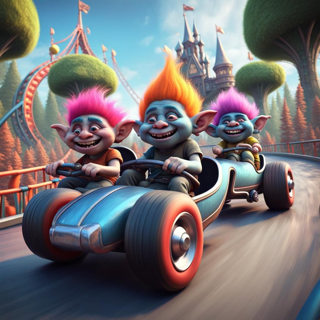Little crazy funny  trolls  gang riding cars in a  festive amusement gothic park