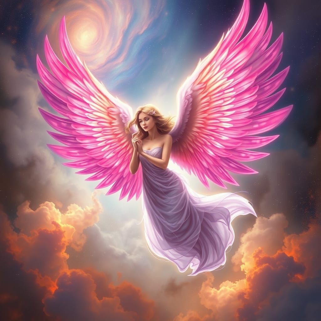 Ethereal Angel with Pink and Purple Wings in Cosmic Flight