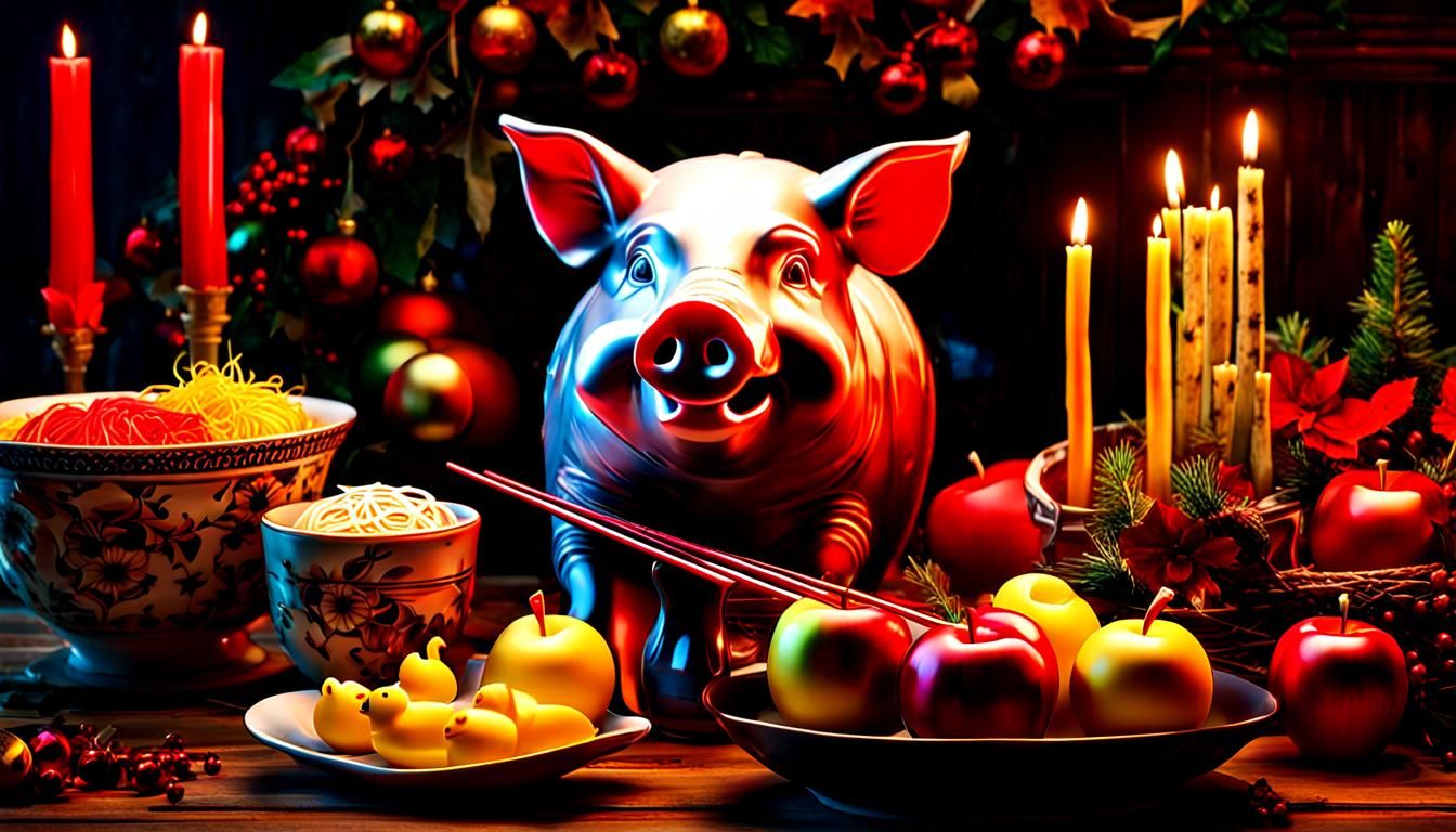 Photorealistic Collage with Pig, Skull, Ramen, and Candles