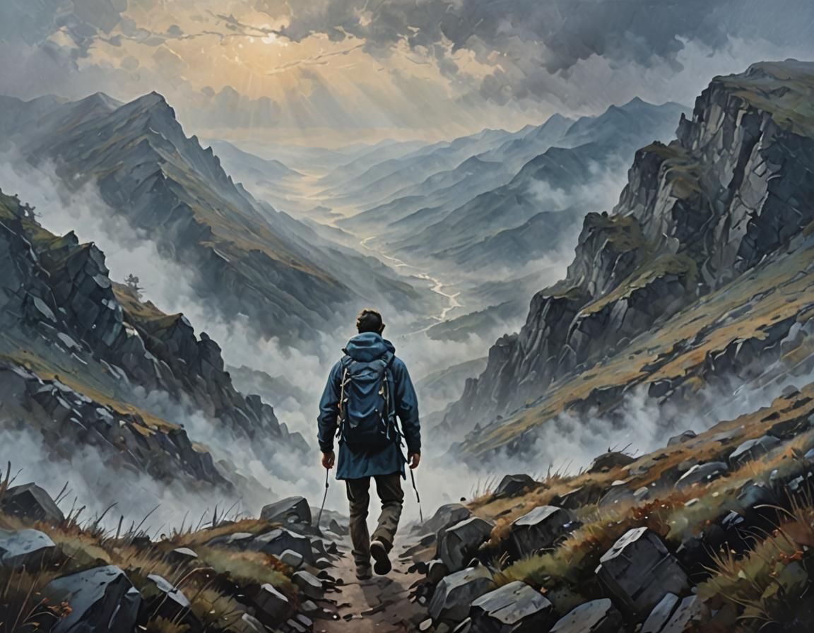 Impressionist Hiker in Misty Mountain Landscape