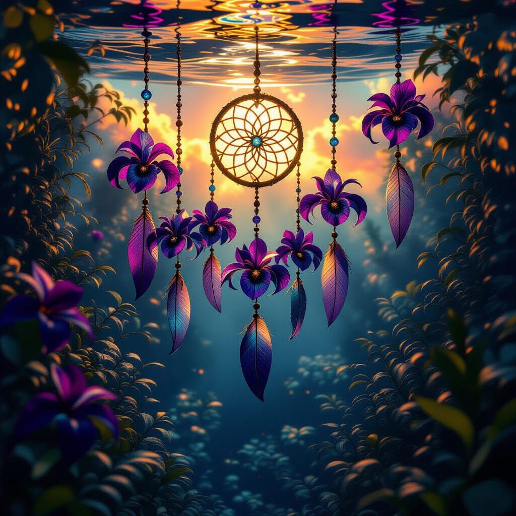 Underwater Iris Garden with Dreamcatchers in Fantasy Style