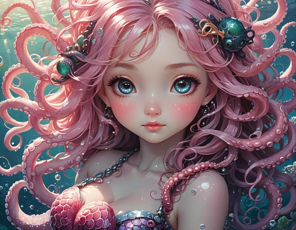 close-up, anime, Adorable Cute, Disney cartoon, cute pink mermaid octopus, mermaid has octopus tentacles