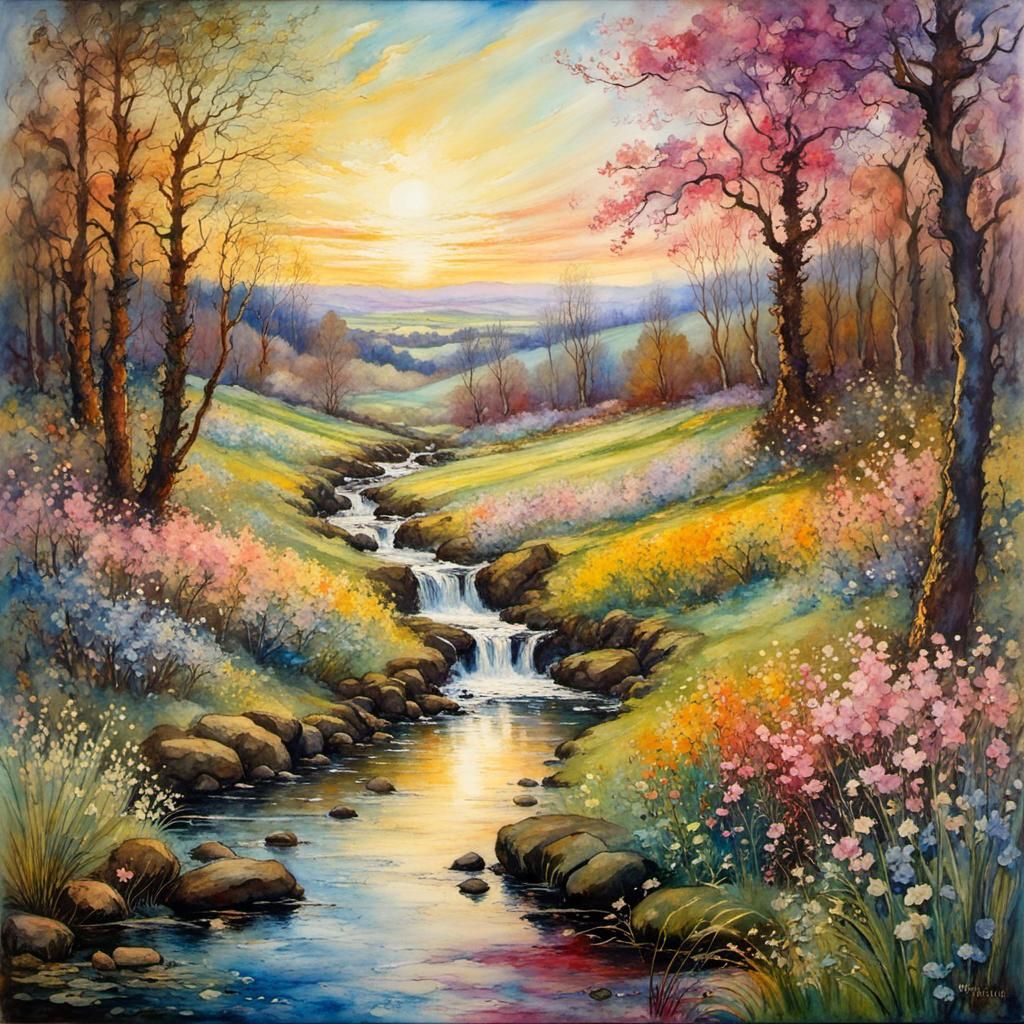 Encaustic Spring Landscape in Art Nouveau Style