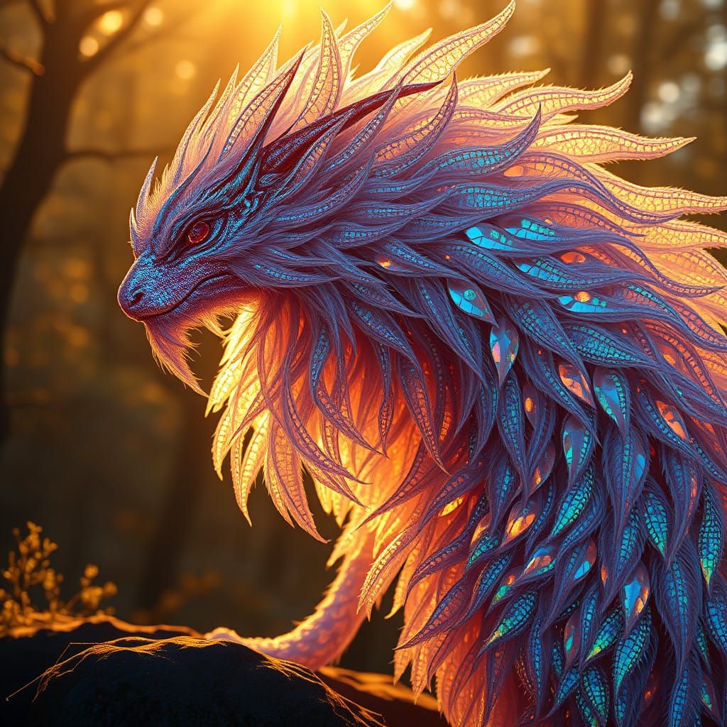 Majestic Iridescent Creature Basks in Golden Fantasy Light
