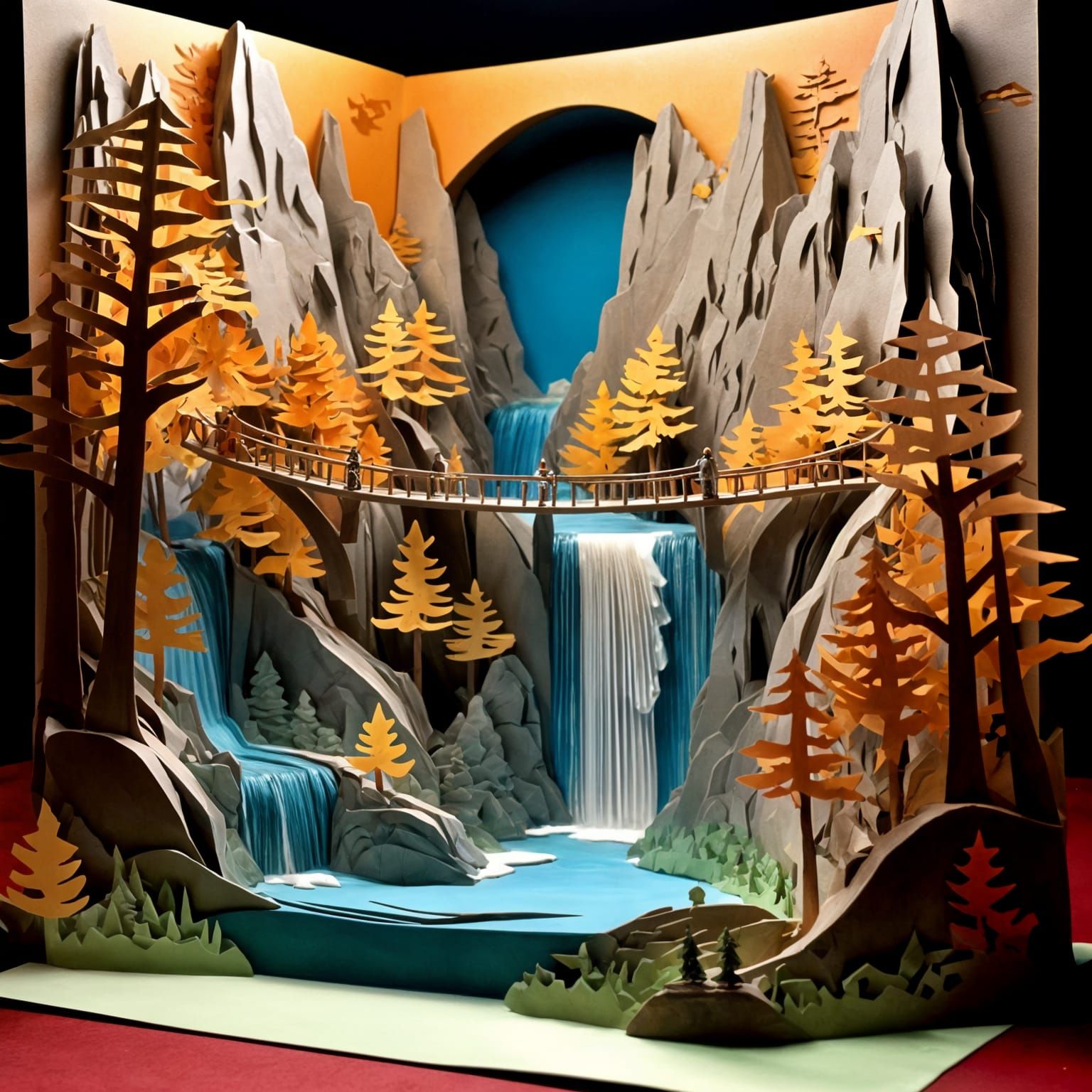 Kirigami Diorama of Rocky Mountain Waterfall
