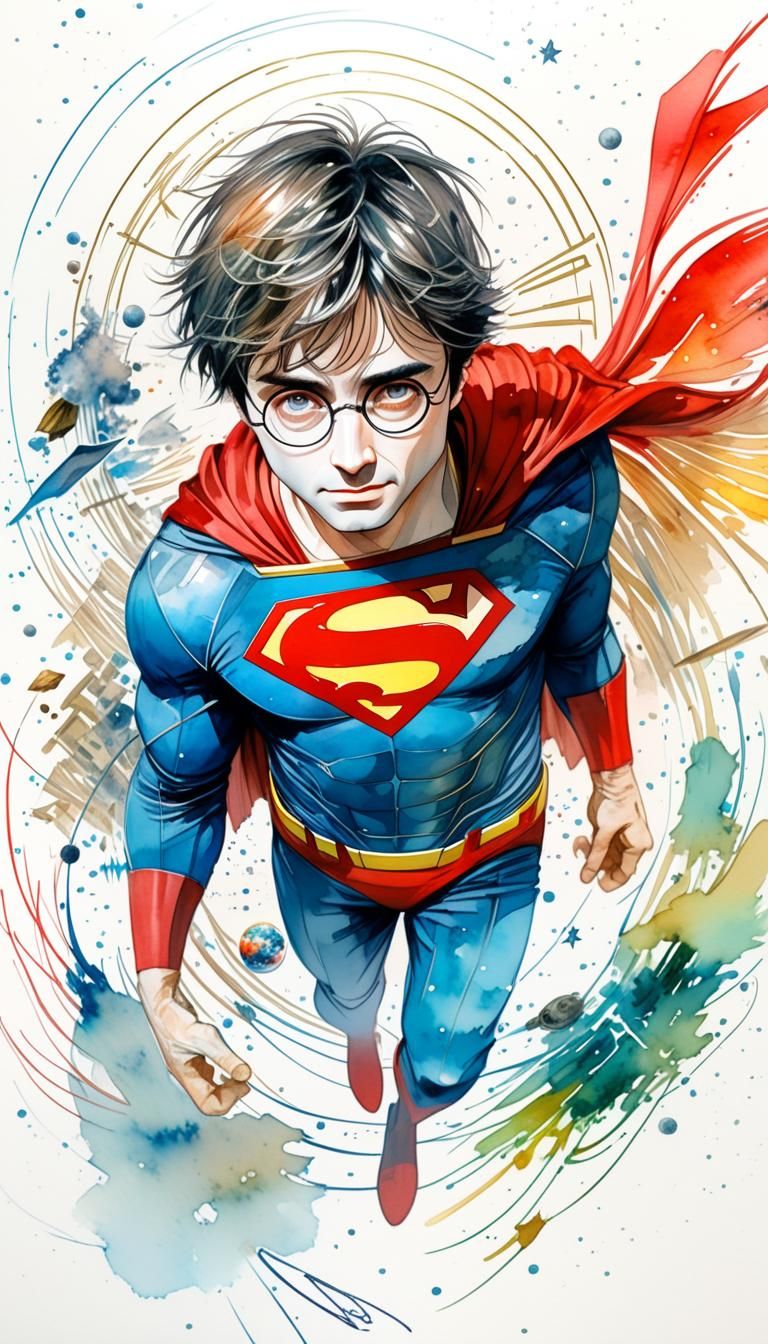 Harry Potter as Superman in Watercolour