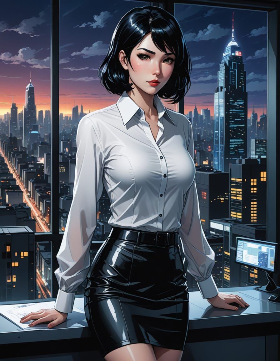 Elegant Office Lady in Cyberpunk Cityscape