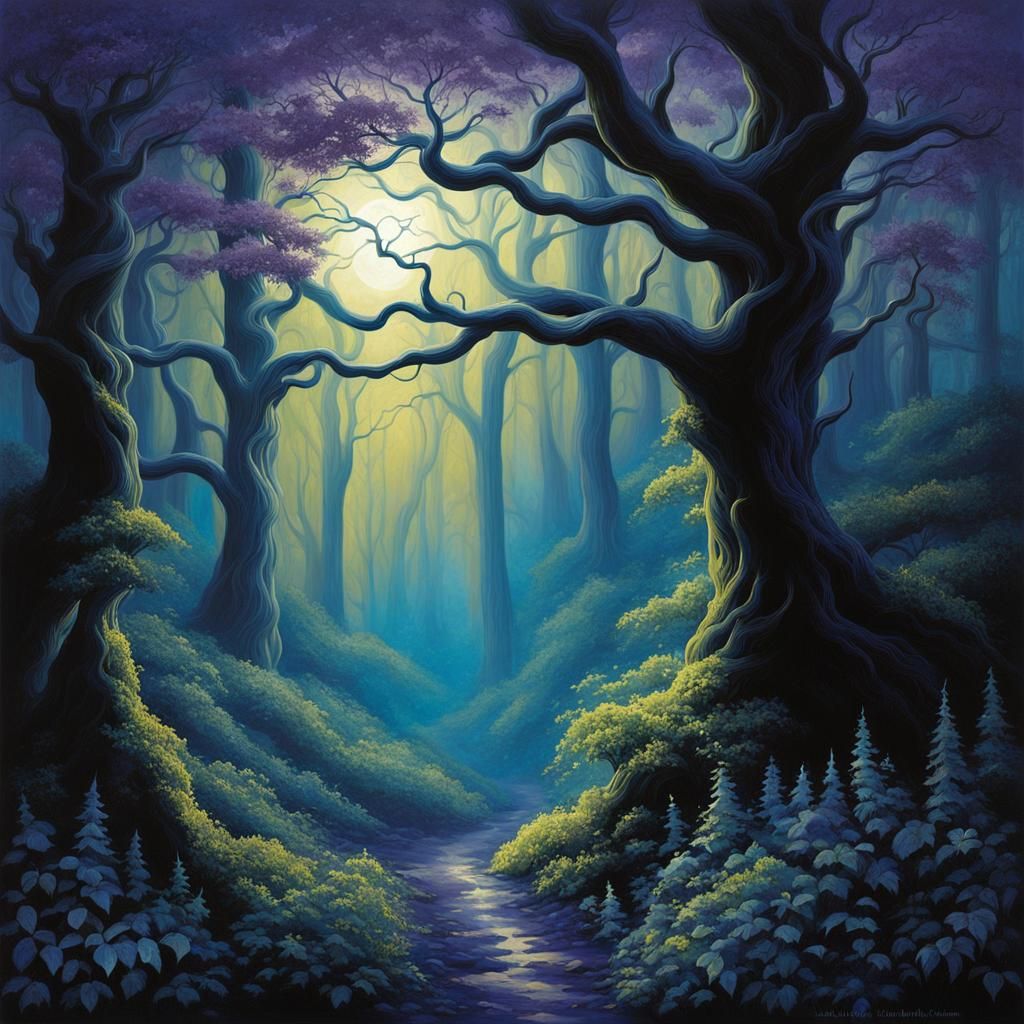 Mystical Moonlight Forest with Fantasy Creatures