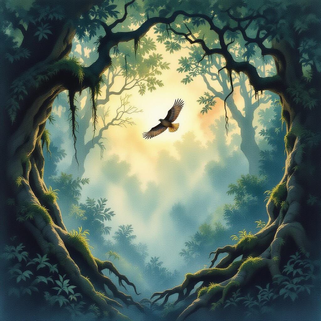 Solitary Falcon Soars in Ancient Forest at Dawn