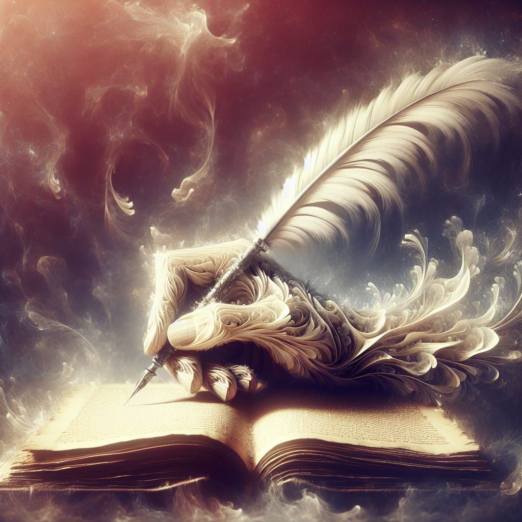 Surreal Hand of Pages Writes in Dreamlike Setting