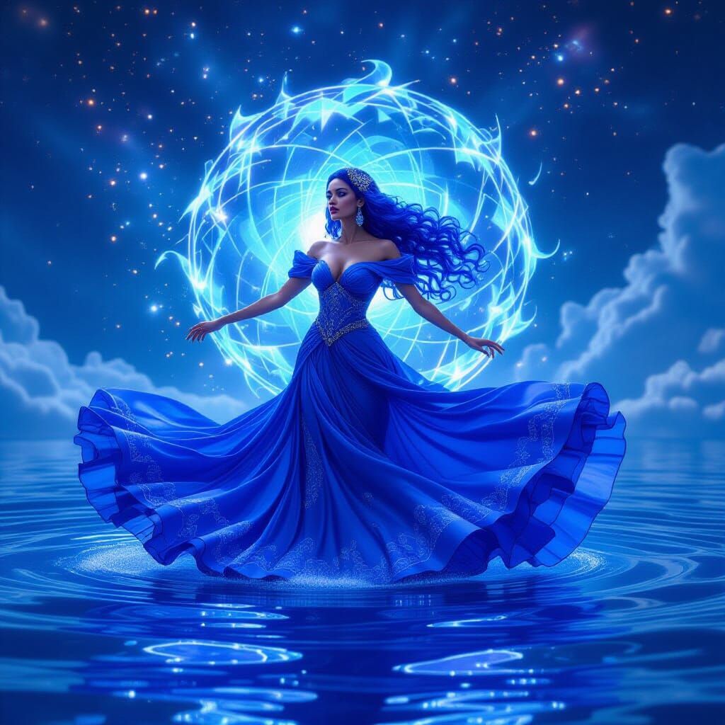 Sapphire-Eyed Woman Dancing in Cosmic Sea