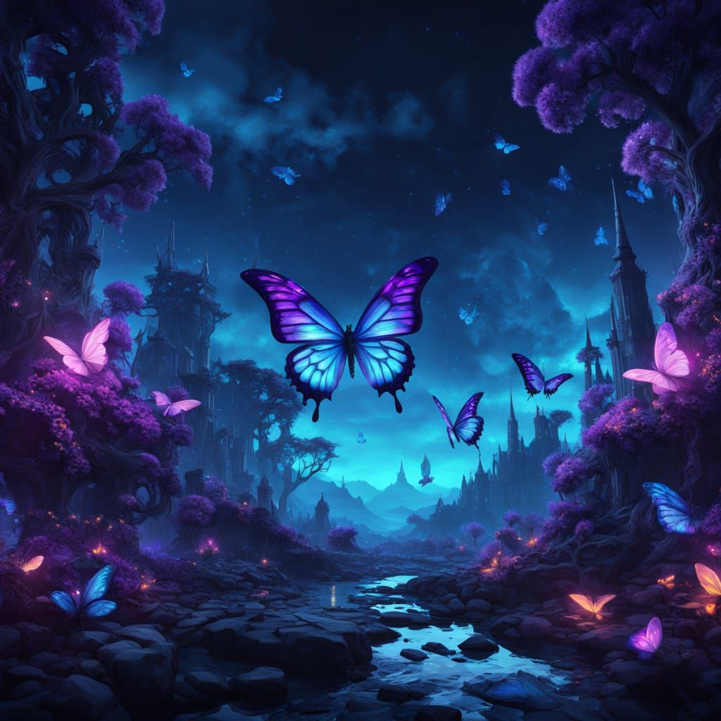 Mystic Butterflies Shine in Ethereal Night Sky