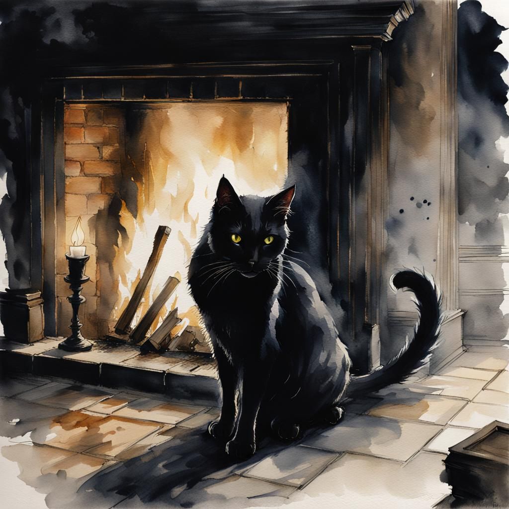 Ghostly Black Cat Jumps from Fireplace: Watercolour Horror
