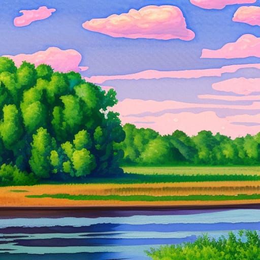 Mississippi River Gouache Painting in Impressionist Style