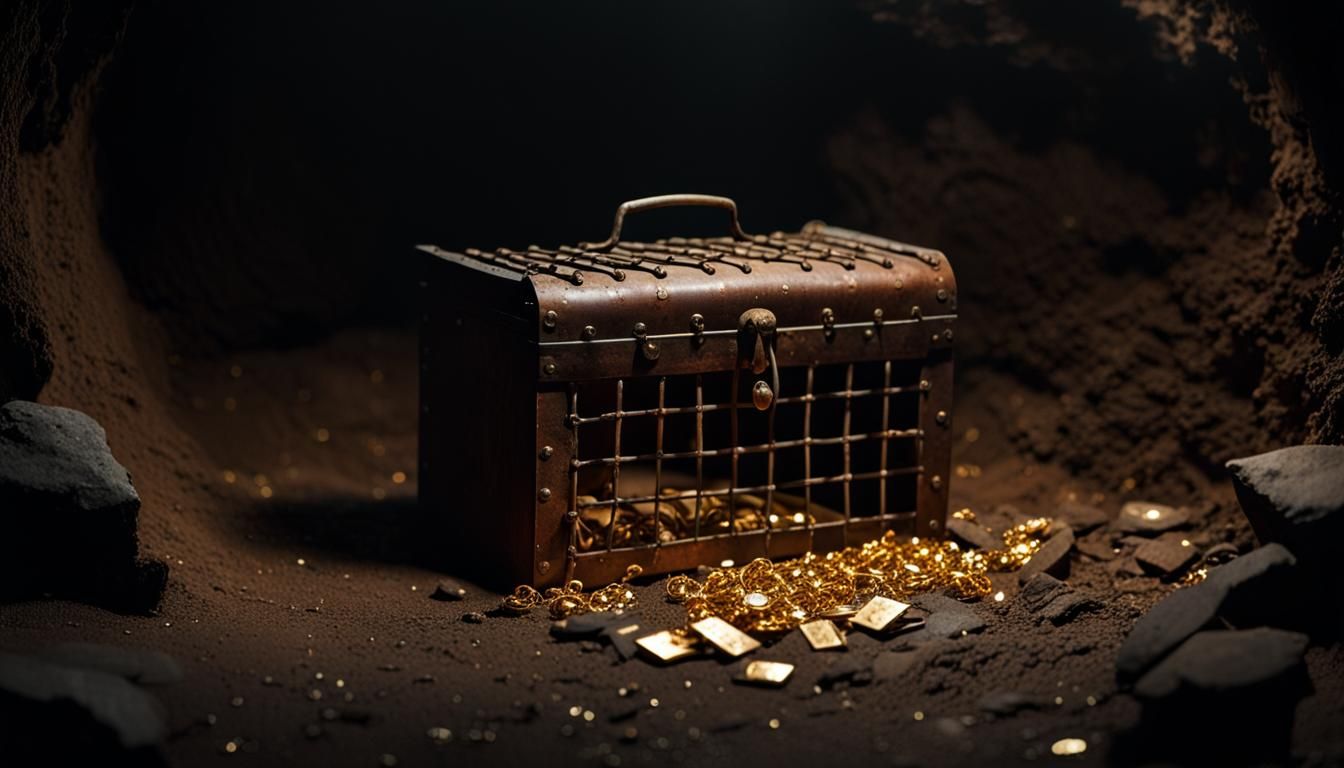 Treasure Chest Filled with Gold in Dark Cave