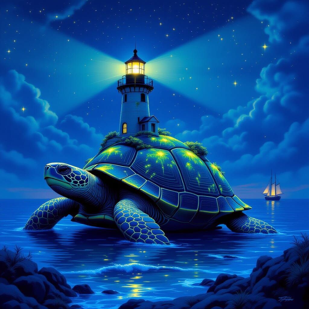 Lighthouse Turtle Guiding Ships Under Starry Skies