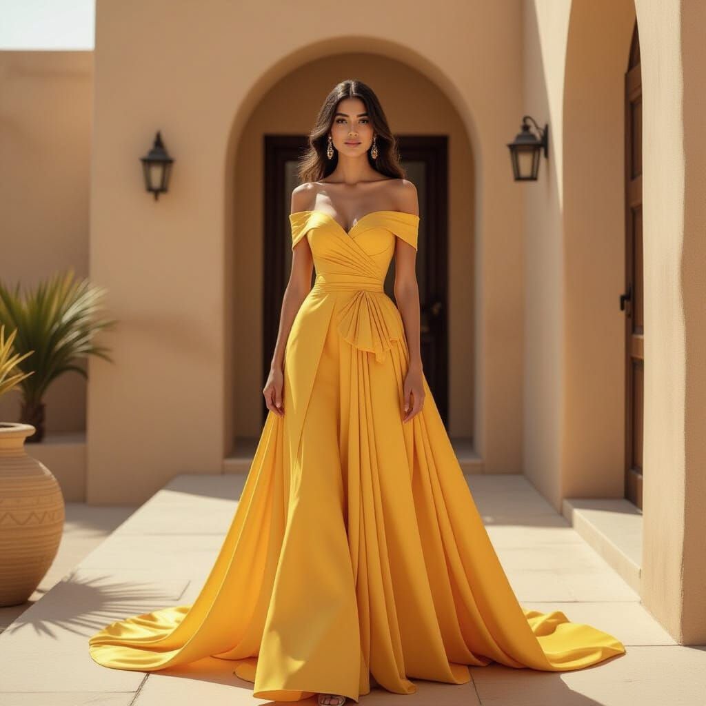 Yellow Wedding Dress with Long Train and Crown