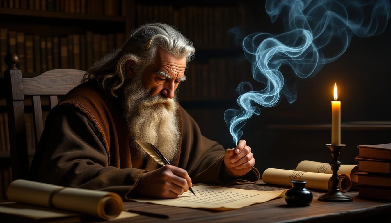 Philosopher Writing by Candlelight, Smoke Forms Abstract Tho...