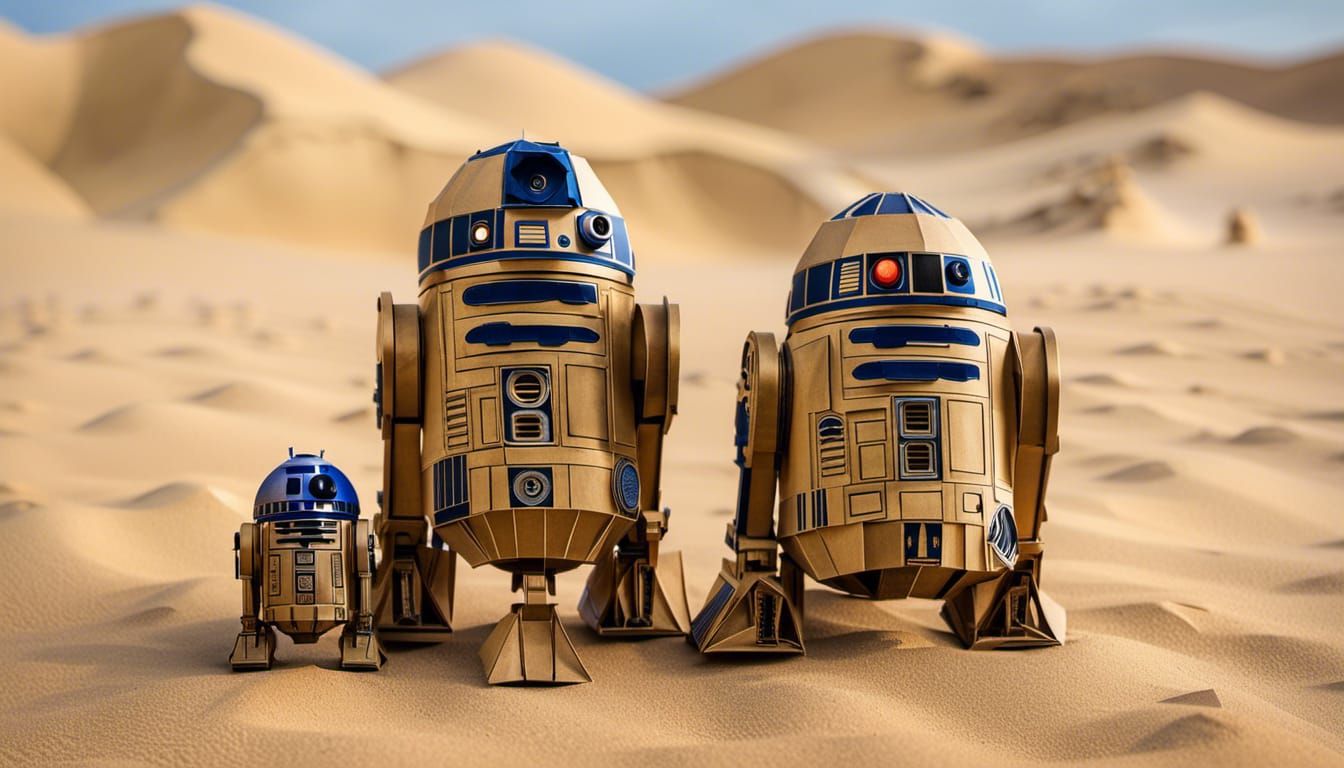 C3P0 and R2D2 Paper Sculpture on Tatooine