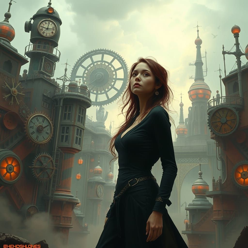 Mystical Clockwork Cityscape in Surreal Style