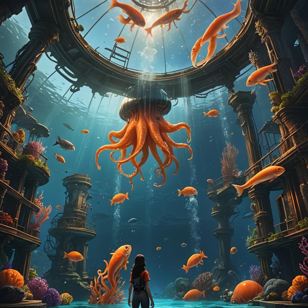 Underwater Dome with Giant Squid, Digital Art