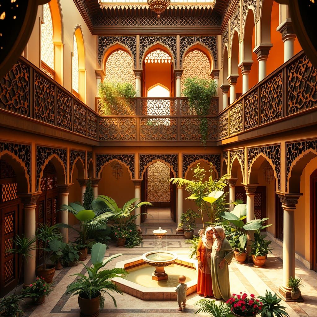 Traditional Arab Oasis with Golden Light and Family Harmony